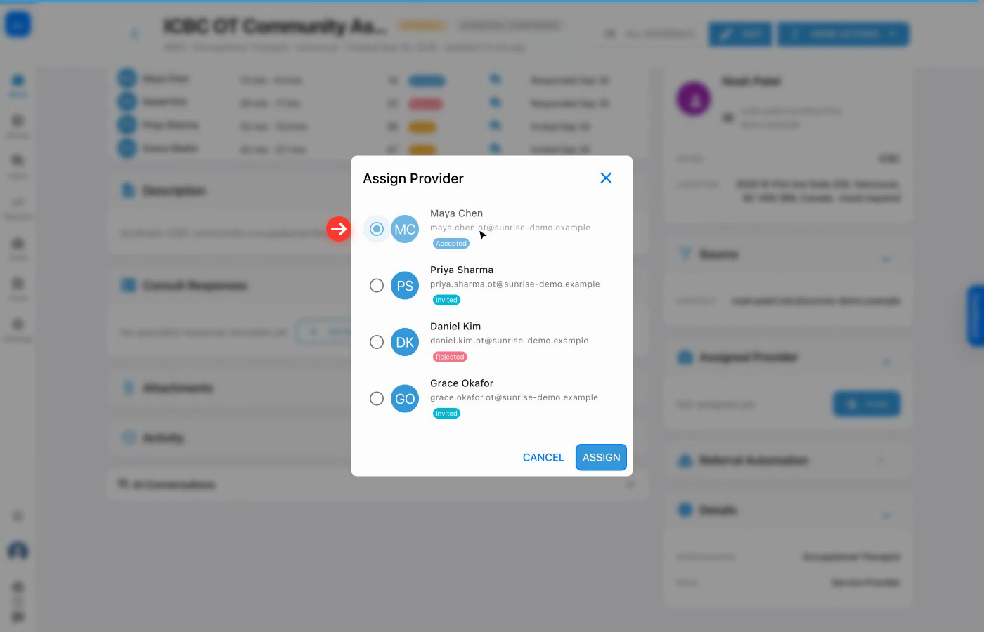 Assign Provider dialog with response statuses