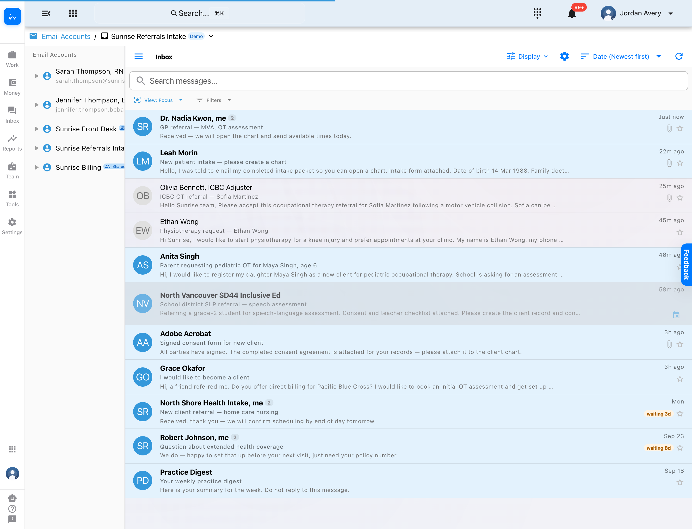Sunrise Referrals Intake inbox showing the Sofia Martinez and Ethan Wong emails