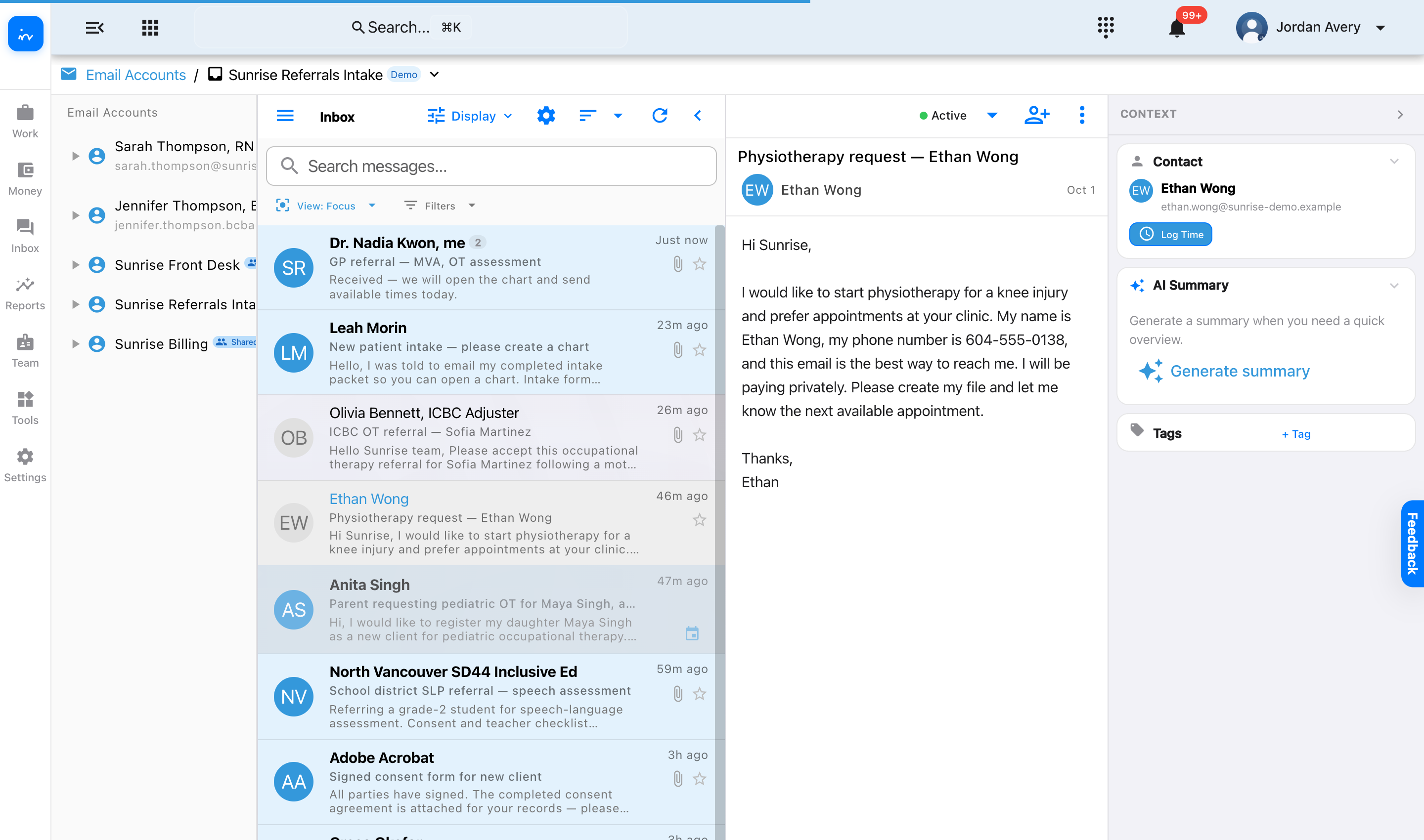 Client email requesting in-clinic physiotherapy for Ethan Wong