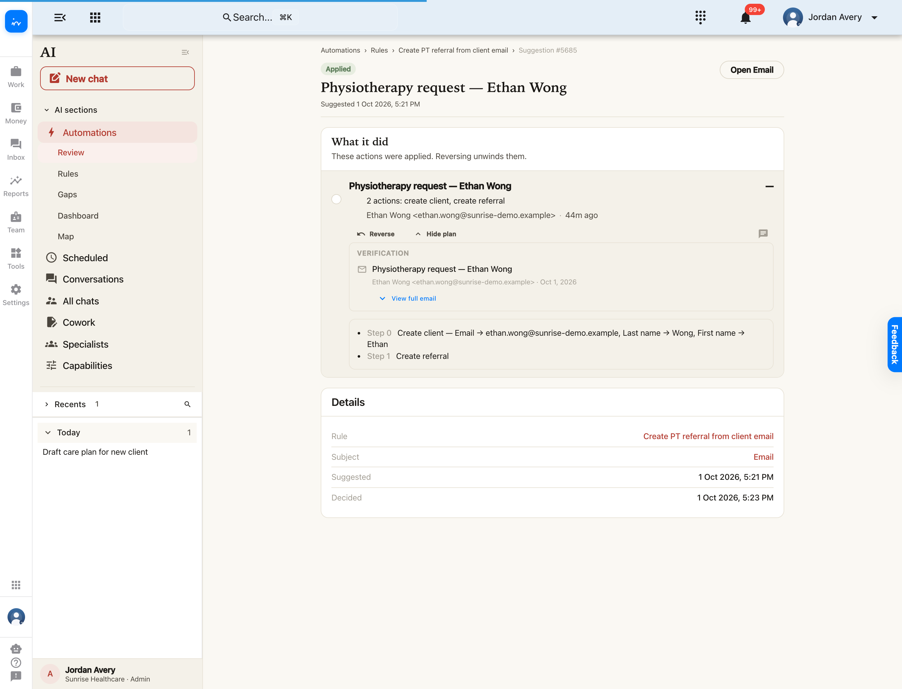 Applied automation showing client and referral creation for Ethan Wong