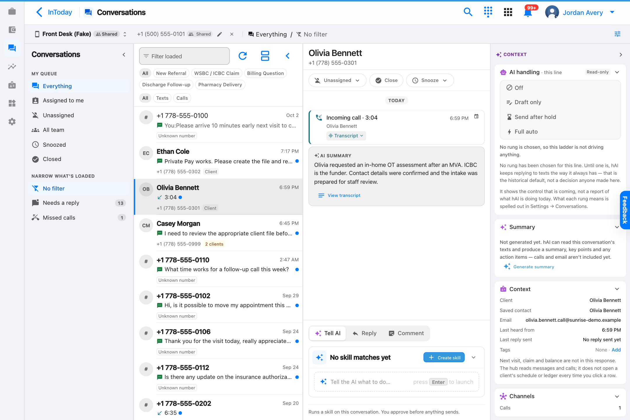 Olivia Bennett inbound call with AI summary in the Sunrise conversations workspace