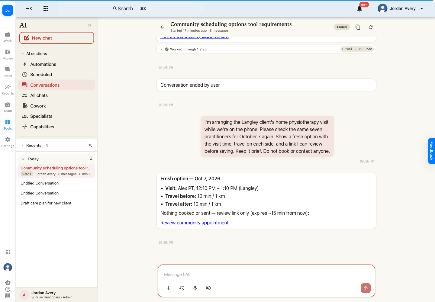 AI chat showing the reviewed community visit option