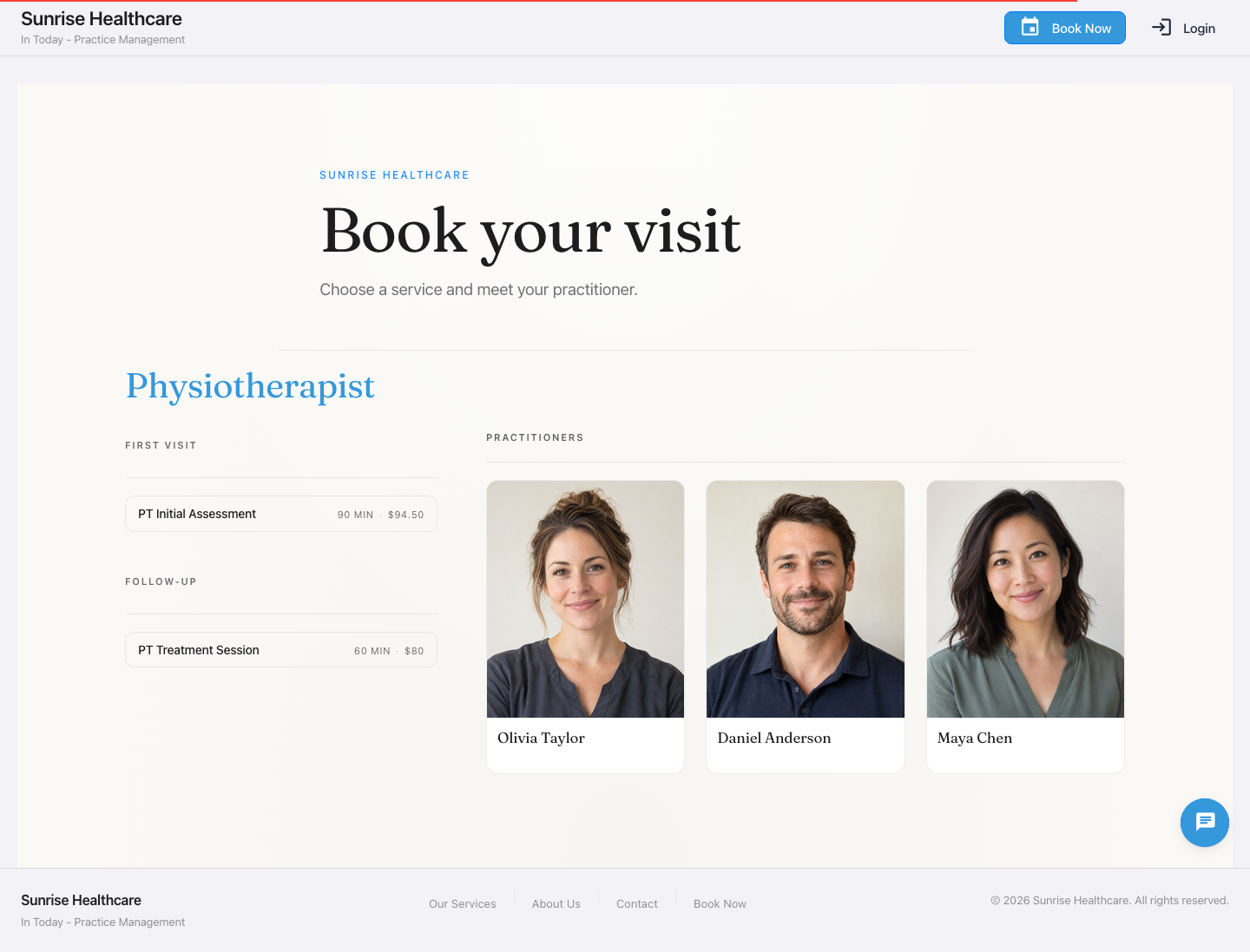 Public Sunrise booking page with physiotherapy services and practitioners
