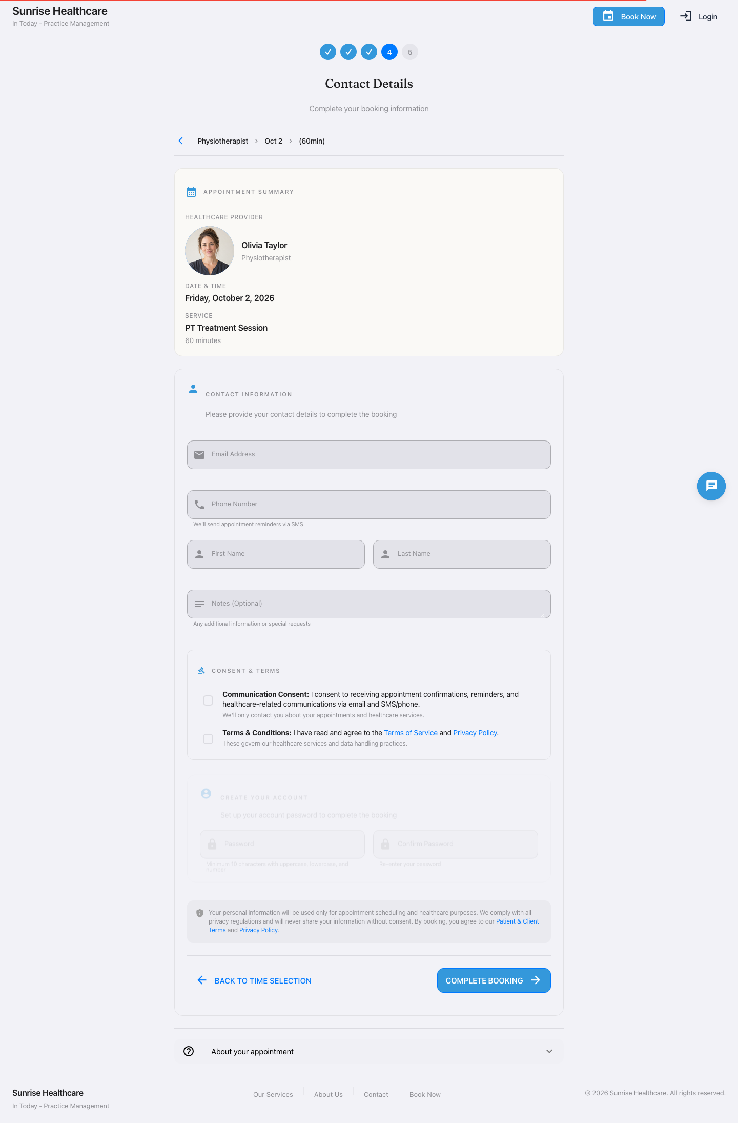Contact details, consent, and account creation form for a PT booking