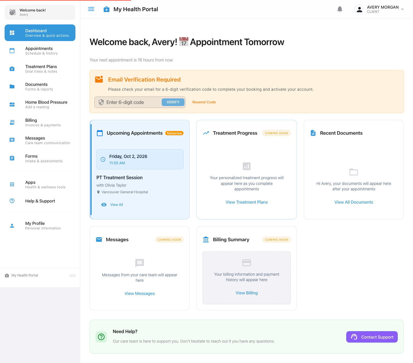 Client portal showing email verification and the new PT appointment