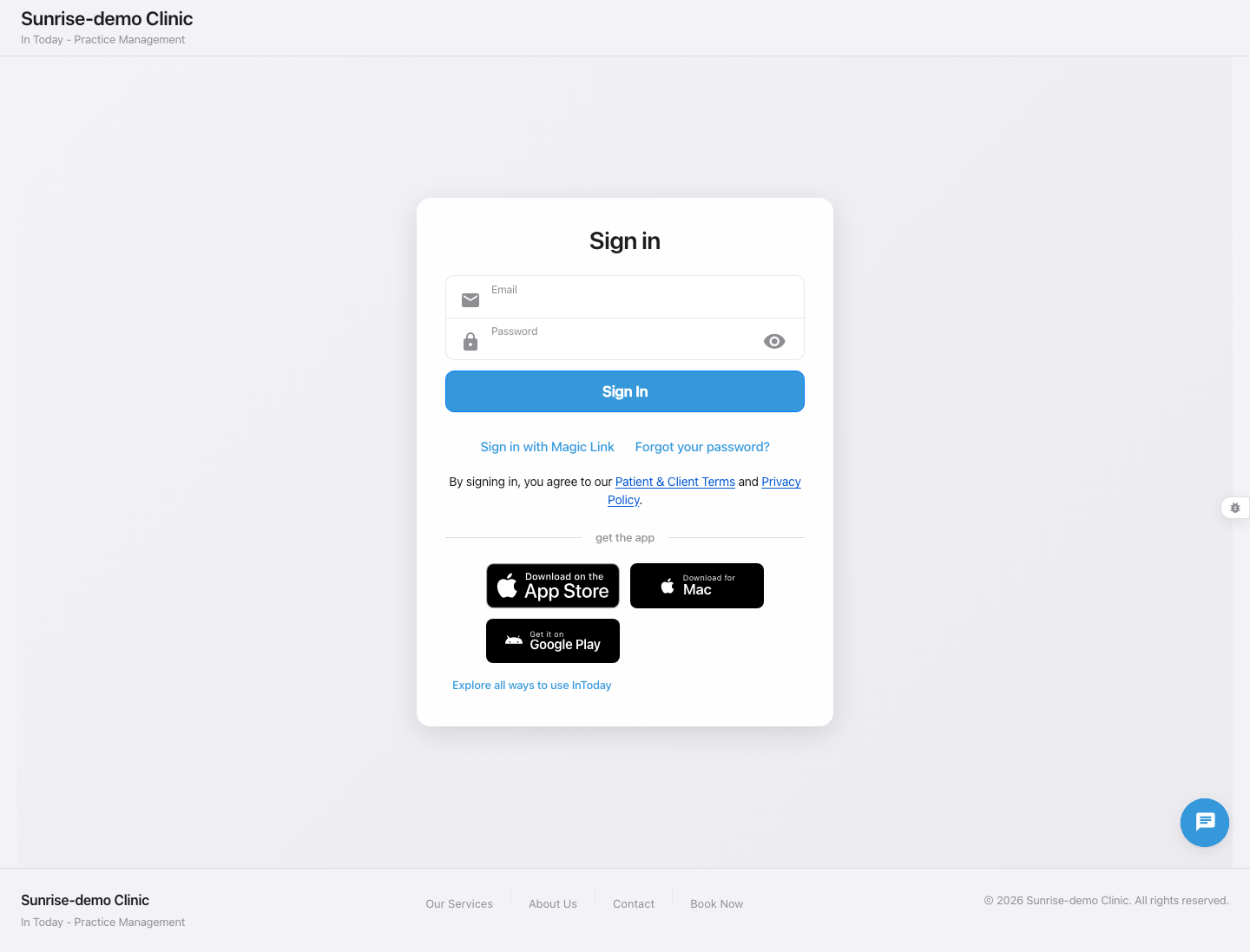 Sunrise client login page with password and magic-link options