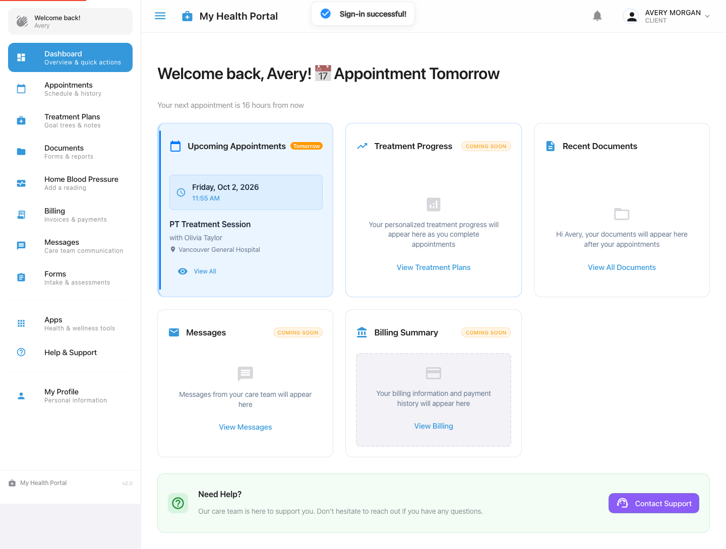 Logged-in client dashboard showing the upcoming PT appointment