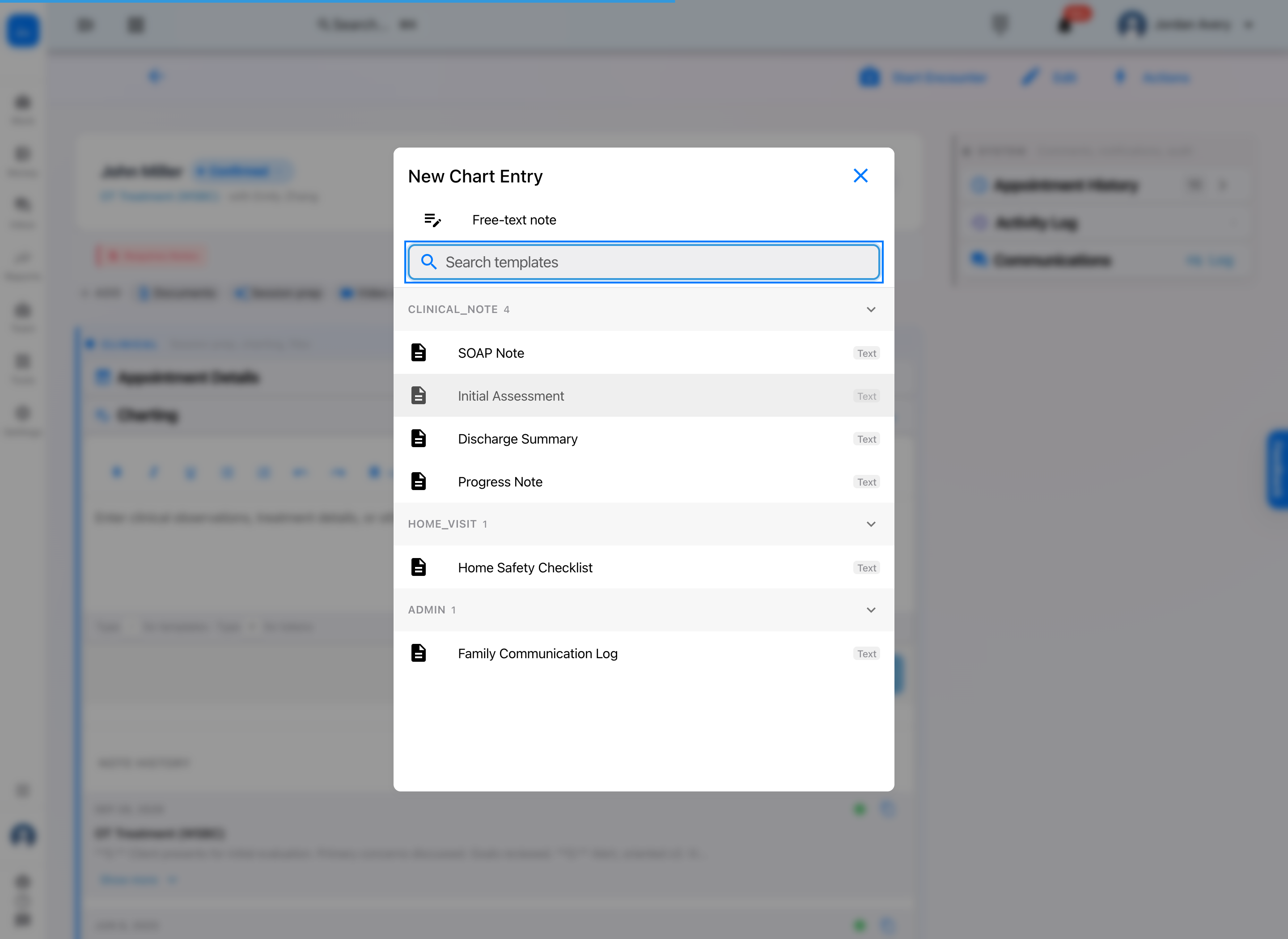 New Chart Entry window with text templates grouped by category