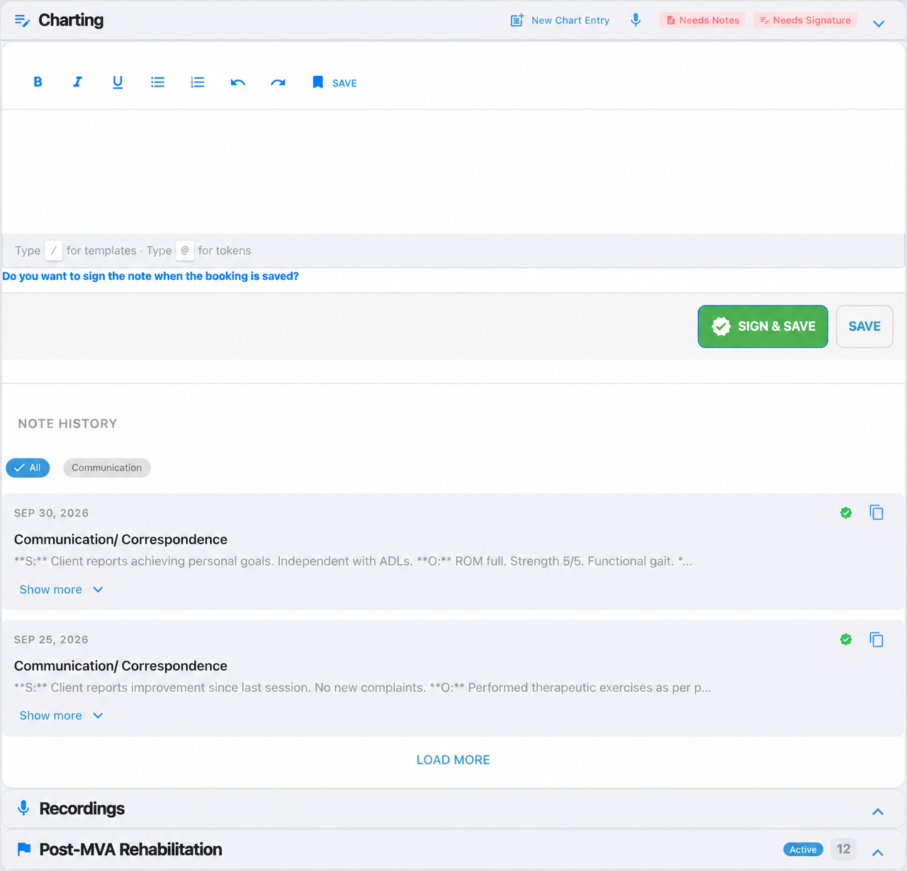 Chart editor showing Needs Notes, Needs Signature, Sign and Save, and Save controls
