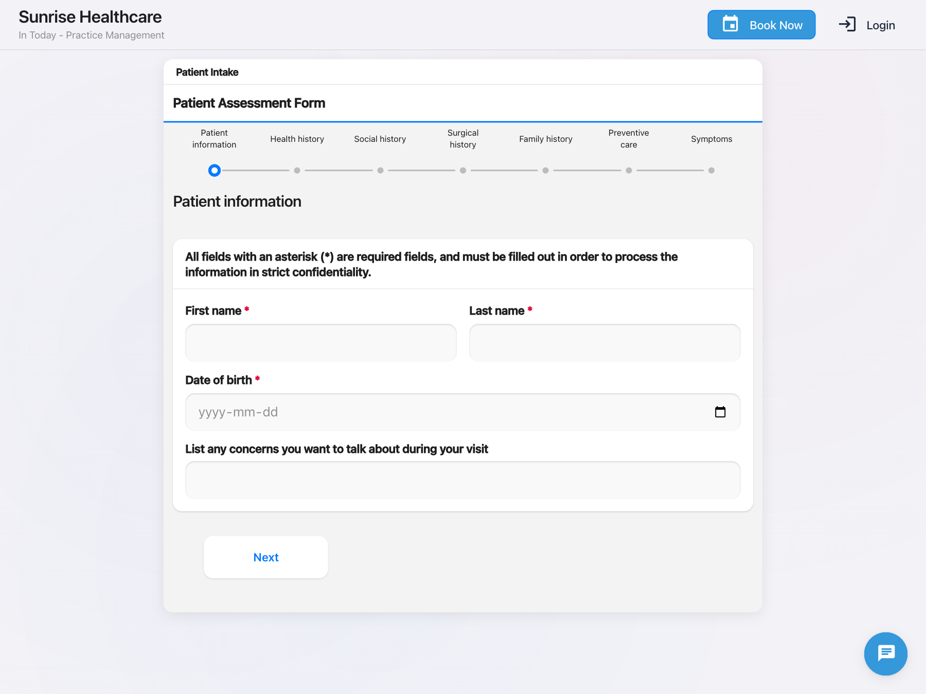 Public Patient Intake form open without a client login