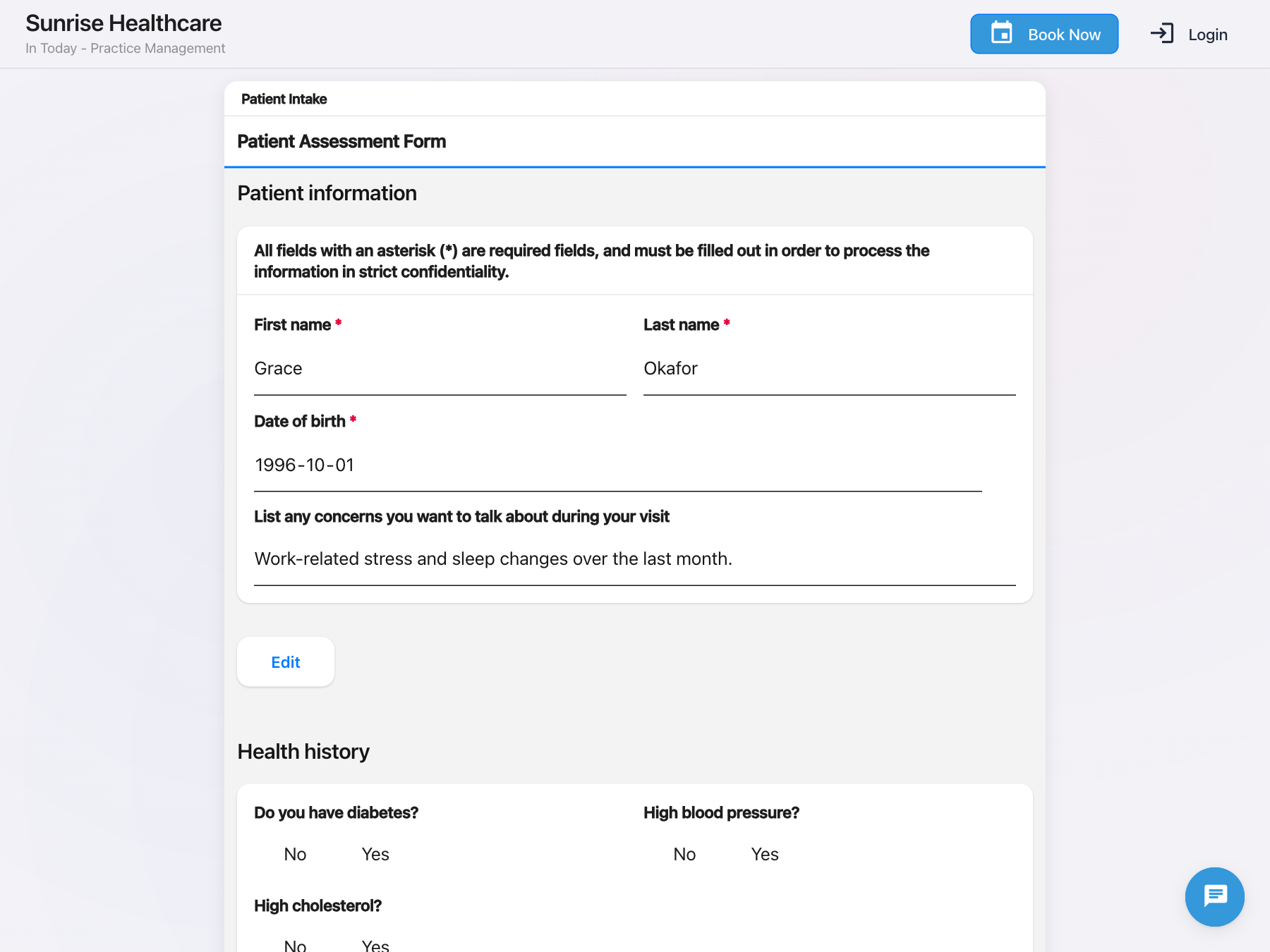 Patient Intake review screen showing the answers before submission