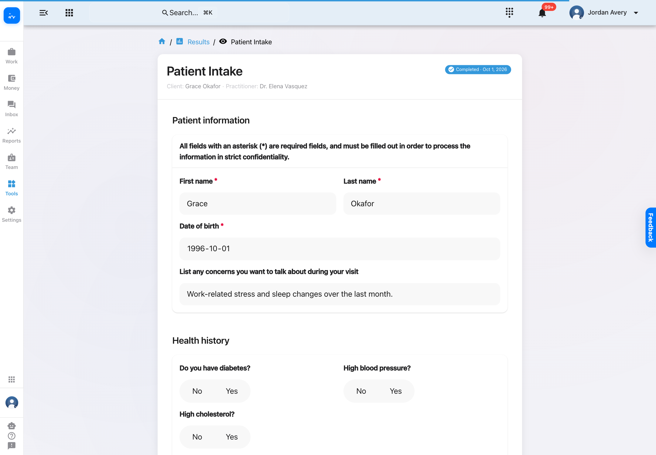 Staff result view showing Grace Okafor Patient Intake answers