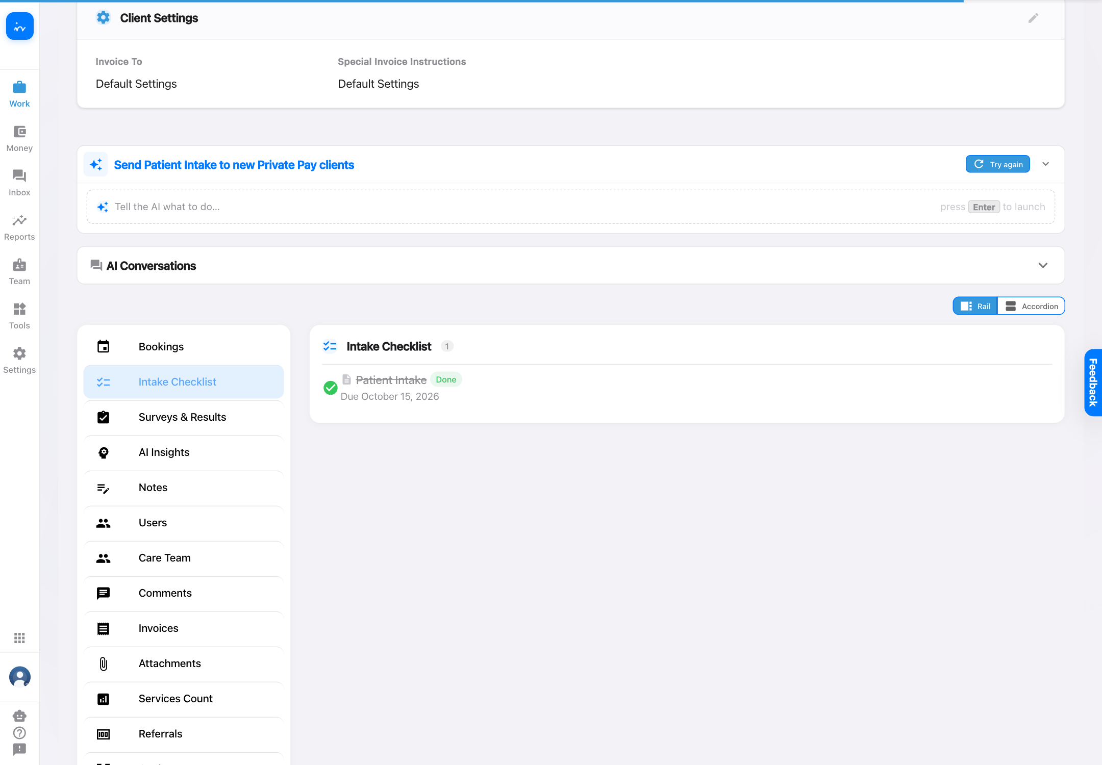 Grace Okafor client profile showing Patient Intake done