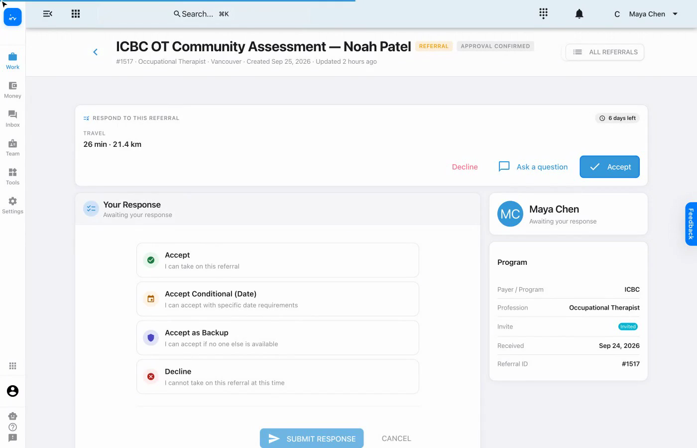 ICBC OT referral invitation for Noah Patel