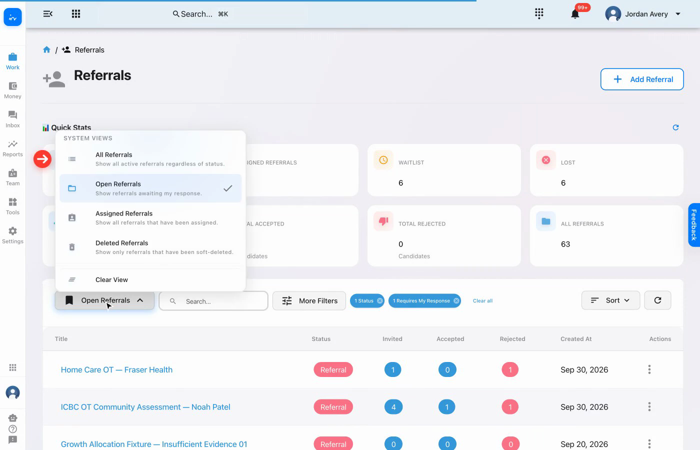 Open referrals list with Noah Patel referral