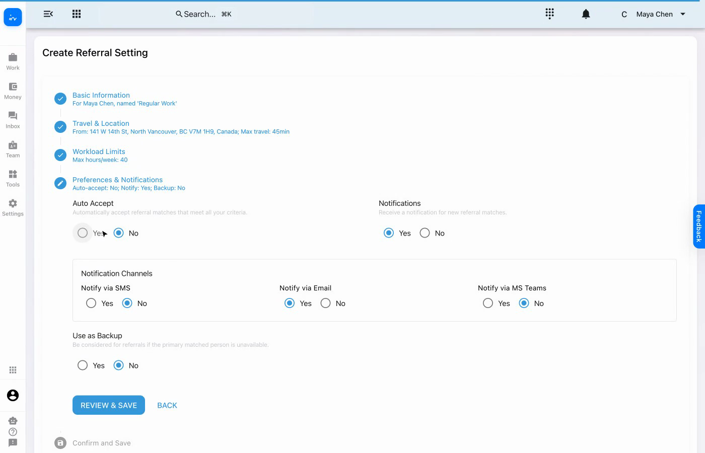 Referral match preferences and notification channels